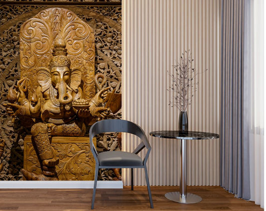 Ganesha wooden carving 3d wallpaper, Hindu gods customized wallpaper