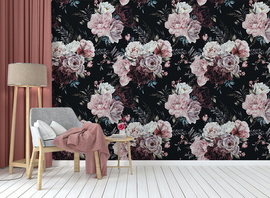 Vintage Dark Flowers Rose Wallpaper Roll