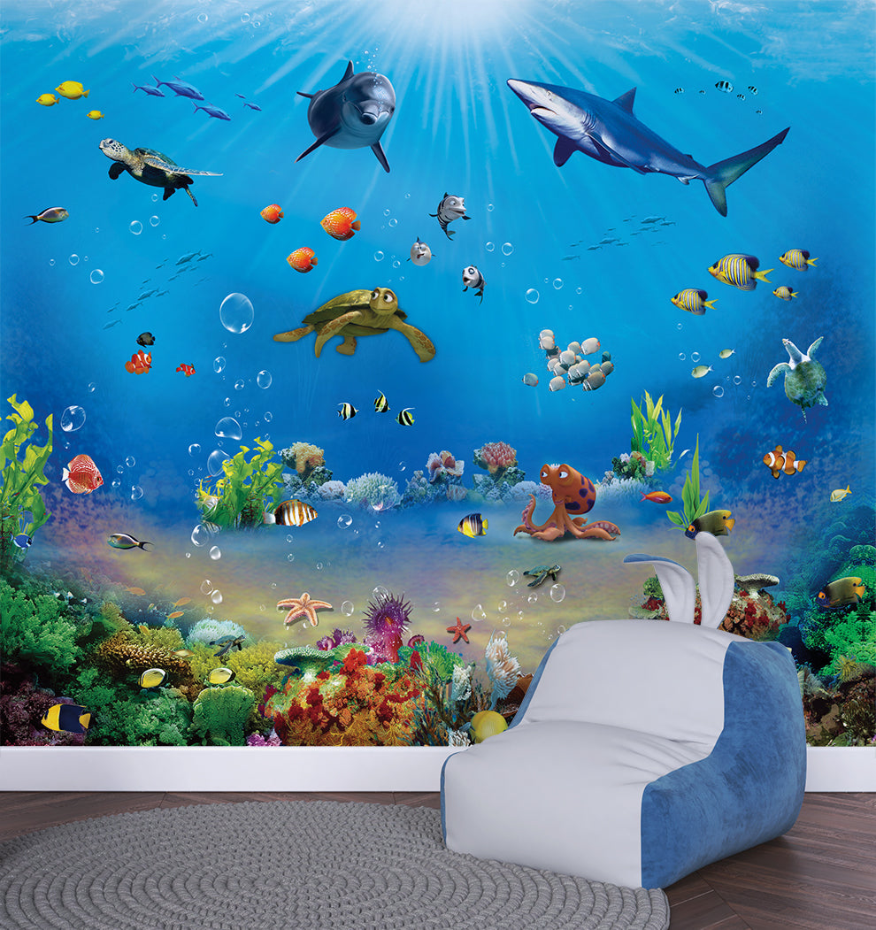 Sea Fishes Starfish Plants Ocean Life Wallpaper | Underwater Theme Kids Room Decor