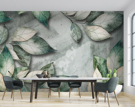 Dining Room - 3D Botanical Green Leaves Art Wallpaper