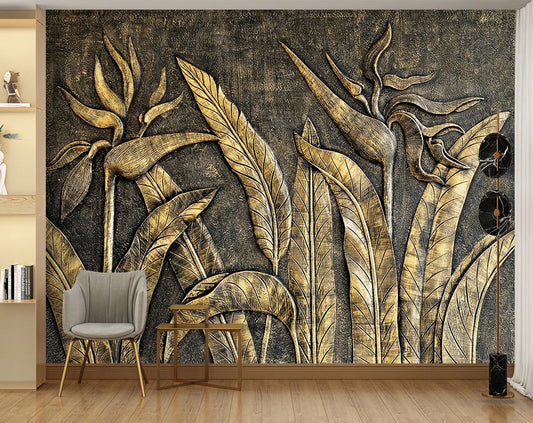 3D Gold Leaf Wallpaper, Living and Dinning Space Wall Mural