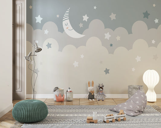 Sleepy Moon and Stars Theme Kids Wallpaper