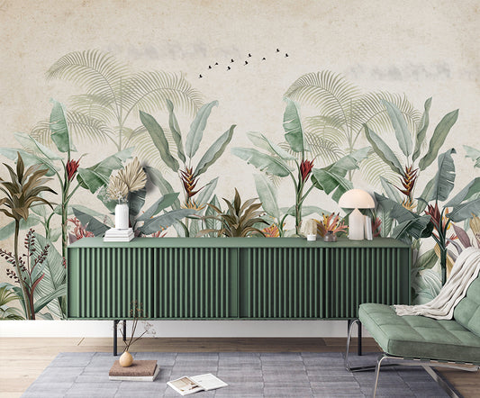 Living Room - Vintage Banana Leaf – Tropical Botanical Wall Mural, Custom Size