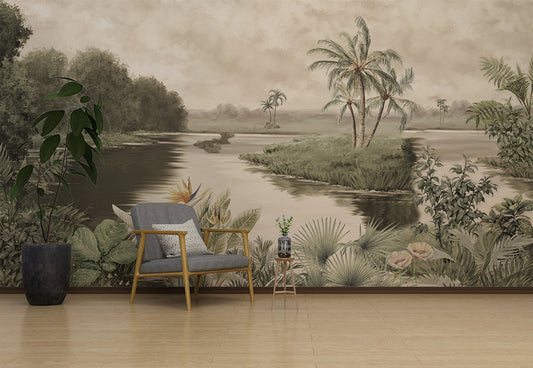 Vintage Forest Tropical Lake View Wallpaper