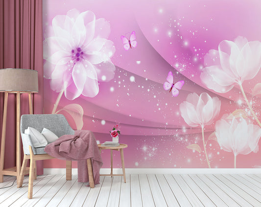 Pink Flowers And Beautiful Butterfly Wallpaper
