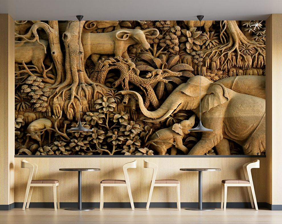 Wooden Art wallpaper, Jungle Animals 3D Wall Mural