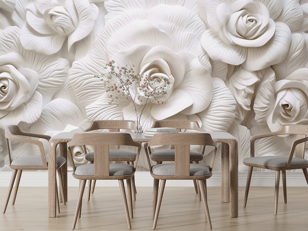 3D White Rose Flowers Wallpaper