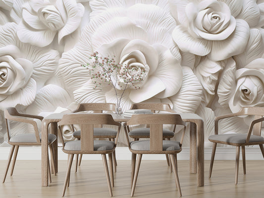 Dining Room - 3D White Rose Flowers Wallpaper