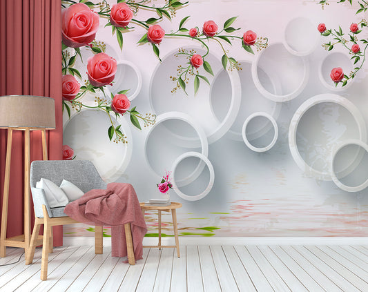 Rose Flowers On 3D White Circle Background Wallpaper