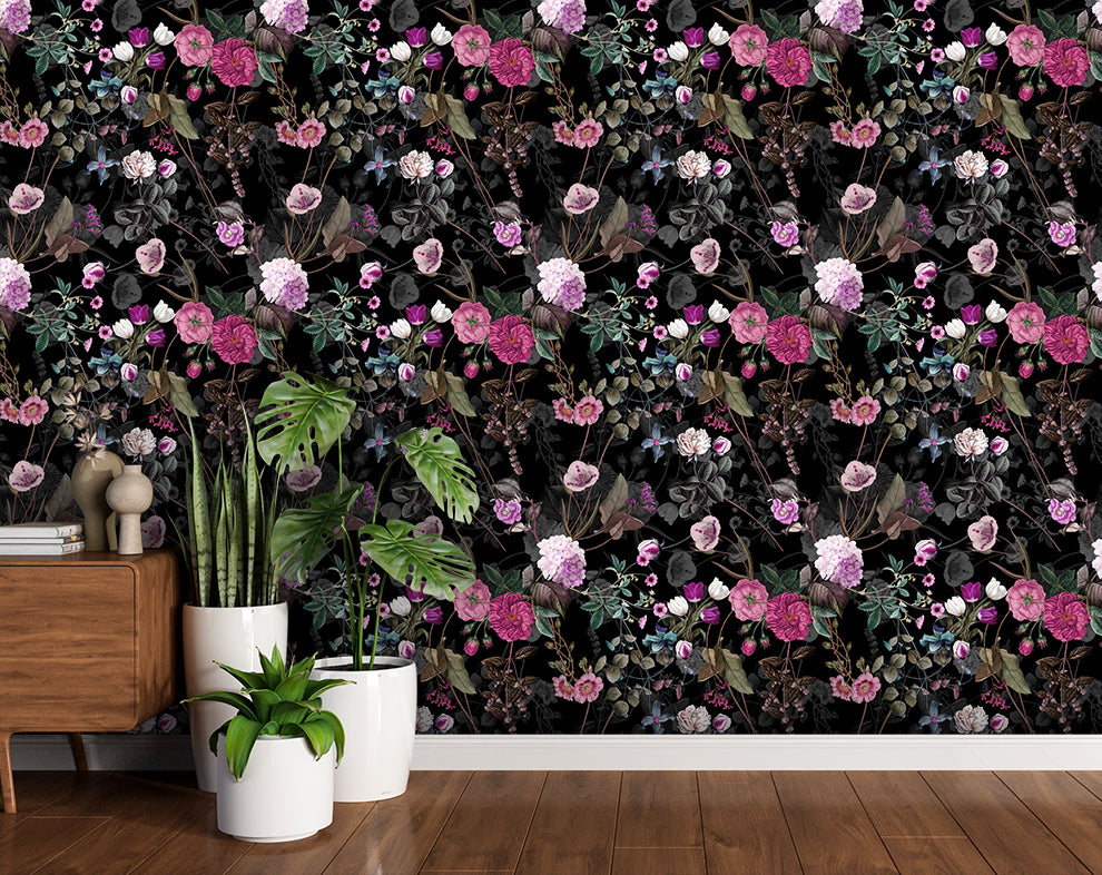 Dark Pink Floral Wallpaper With Black Background
