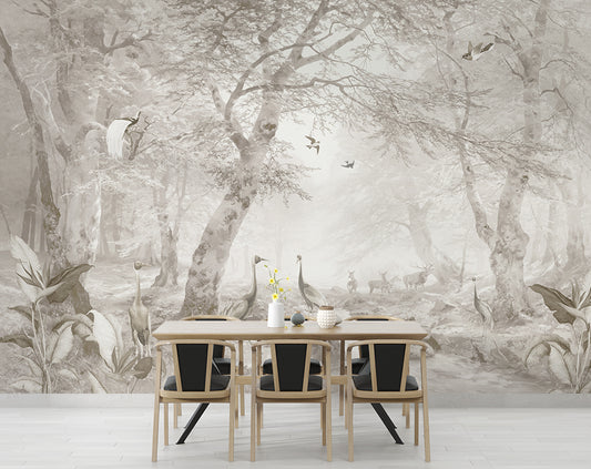 Dining Room - Forest & Egret Birds – Botanical Wall Mural Wallpaper, Custom Size