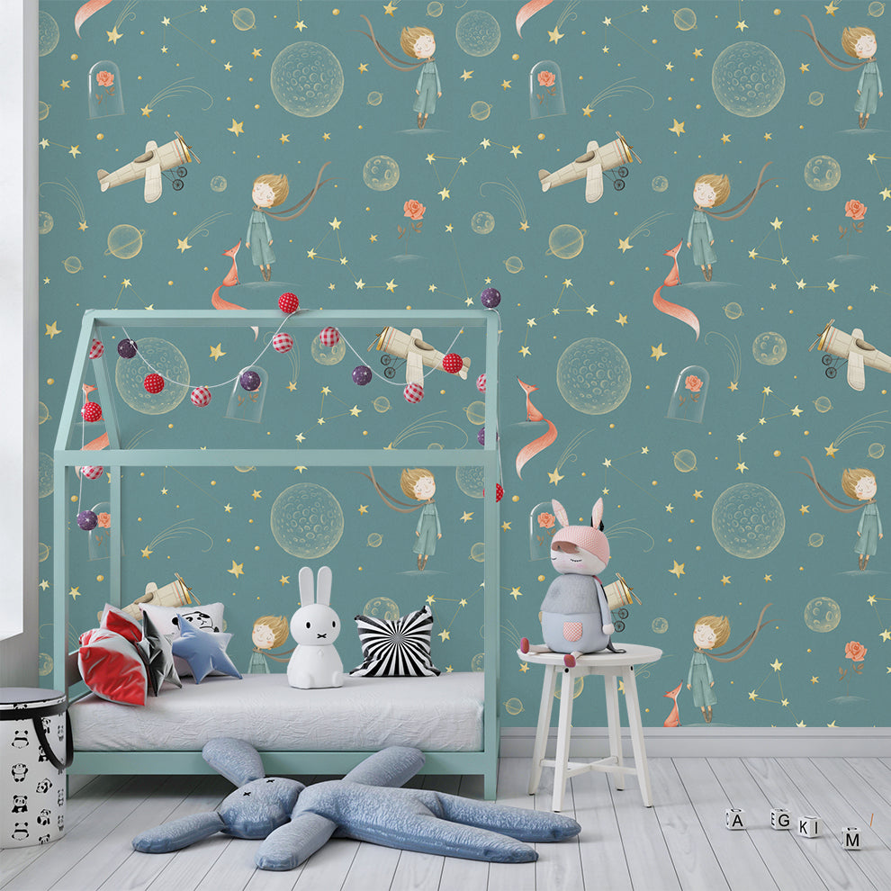 Airplane With Stars Nursery Boys Wallpaper