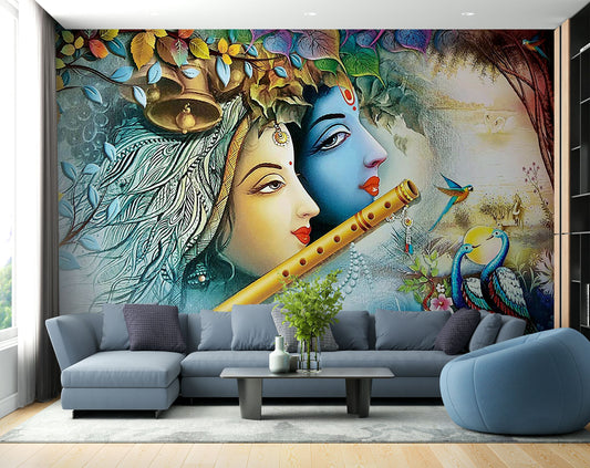 Krishna Playing Flute With Radha Wallpaper