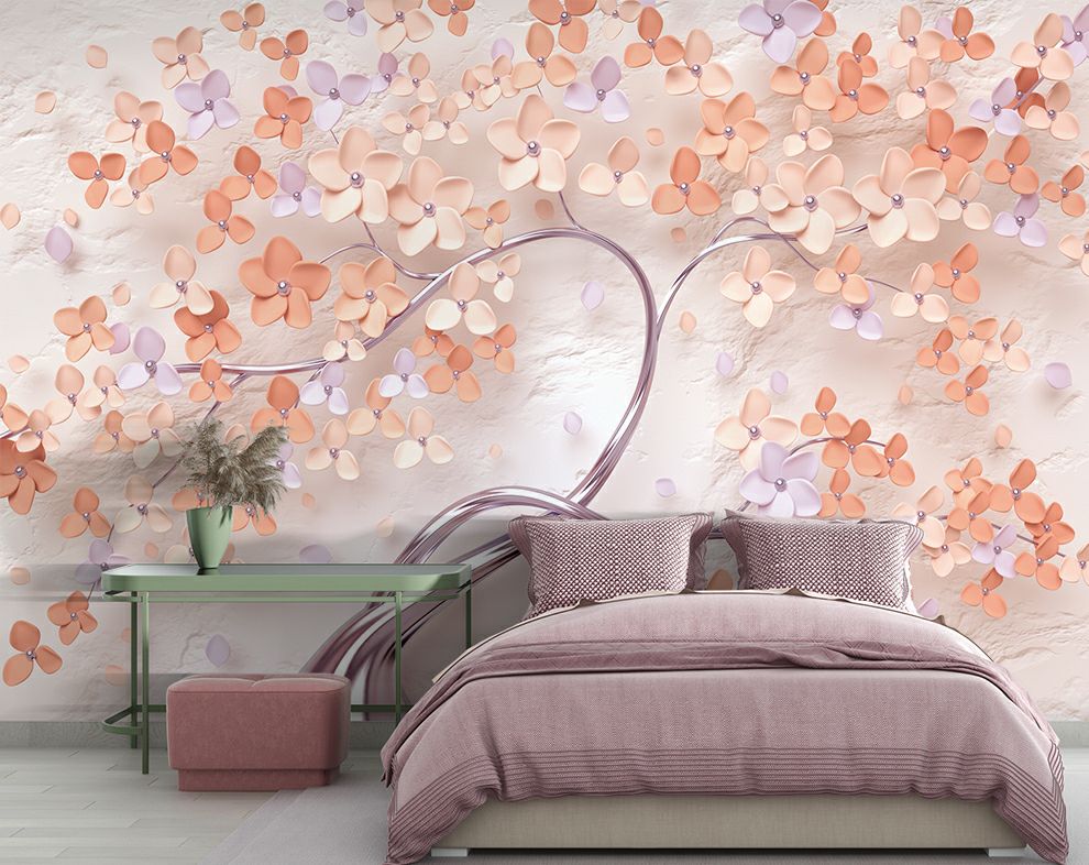 3D Rose Pink Flower and Tree Mural Wallpaper