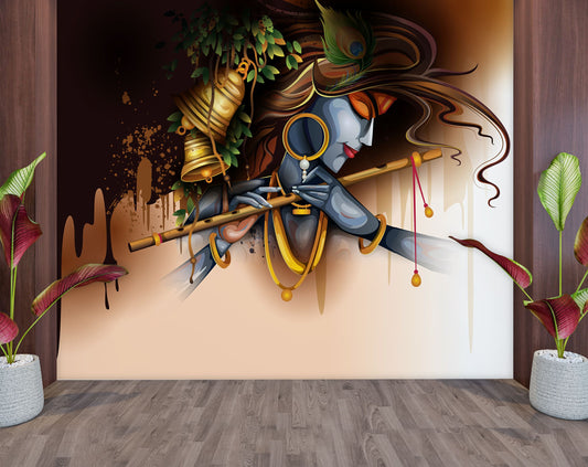 Pooja Room - Krishna Flute Wall Art Wallpaper