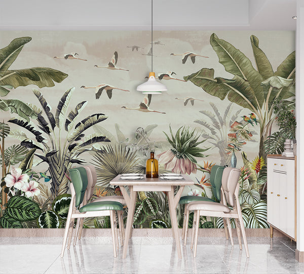 Tropical forest and birds botanical wallpaper