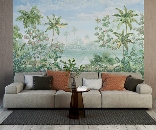 Living Room - Tropical Trees & Green Jungle Wall Mural Wallpaper, Custom Size