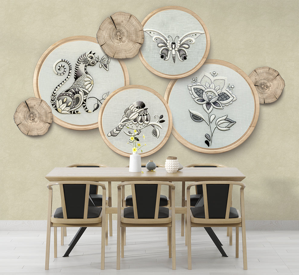 3D Creative Wood Circle,Flower,Birds And Animal  Wallpaper
