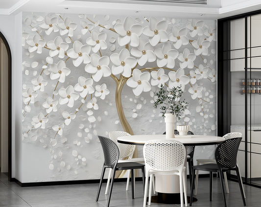 3d Golden tree and white flowers wallpaper | Living room wallpaper for walls