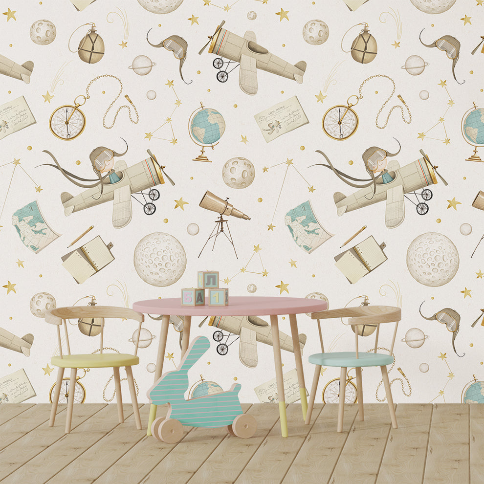 Children's room with vintage airplane and space-themed wallpaper, wooden floor, and toys.