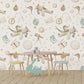 Children's room with vintage airplane and space-themed wallpaper, wooden floor, and toys.