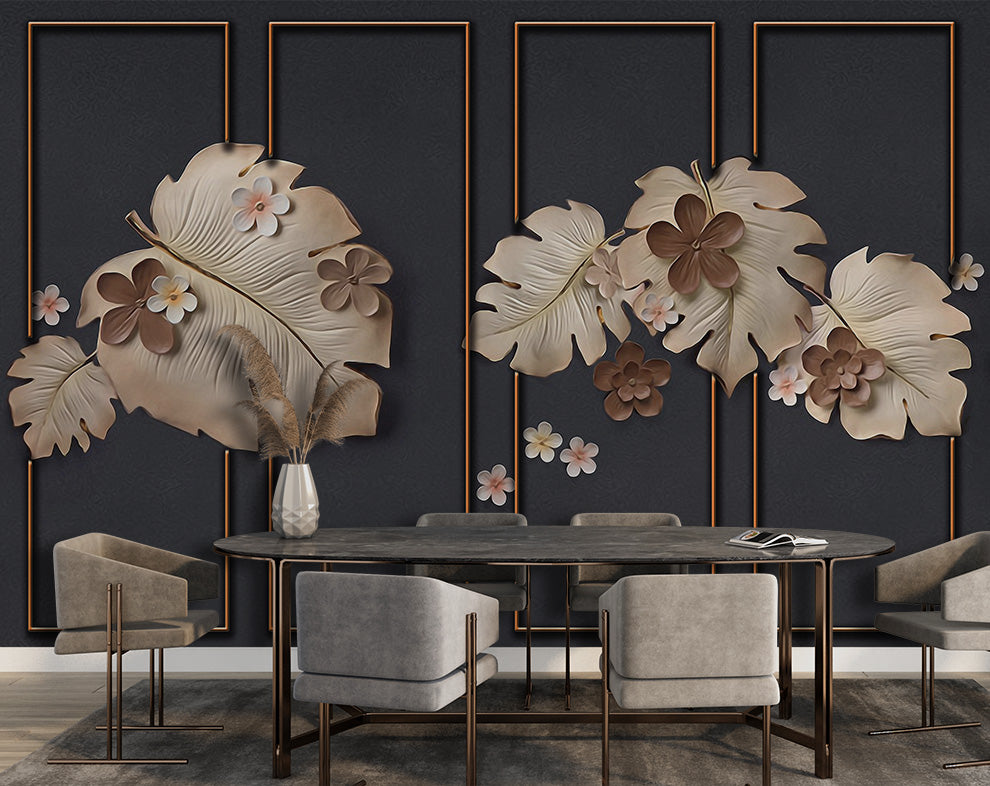 Modern 3D Flowers & Leaf Embossed Background Wallpaper