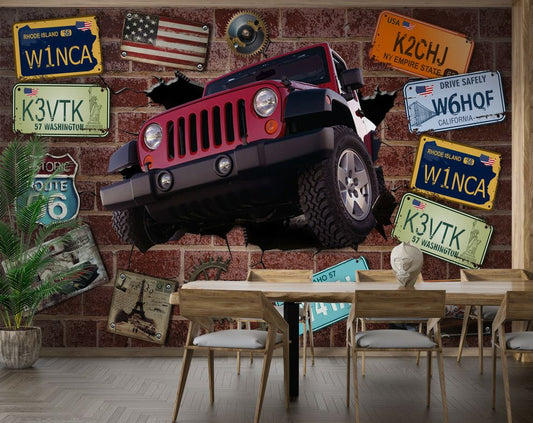 Broken Wall Jeep 3D Car Mural Bar And Restaurant Cafe Wallpaper