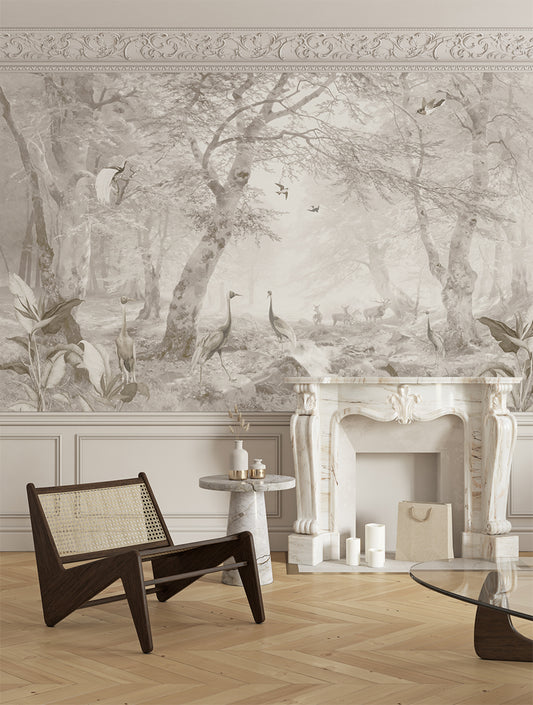 Living Room - Forest & Egret Birds – Botanical Wall Mural Wallpaper, Custom Size