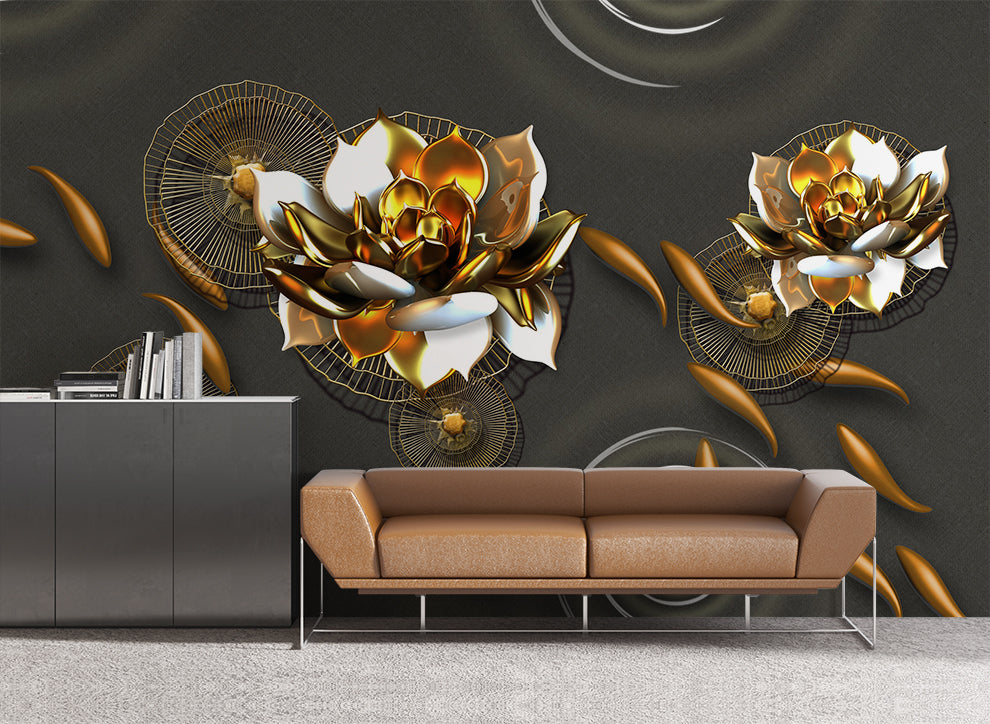 3D Creative Golden Lotus Flowers Wallpaper