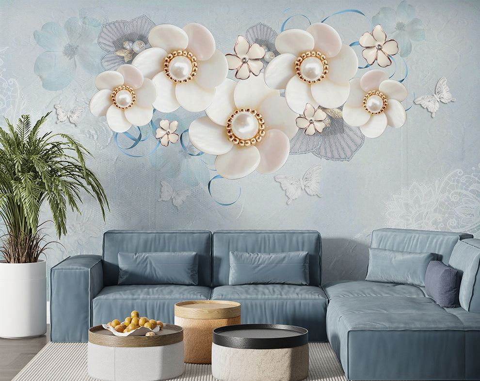 Sky Blue Background Wallpaper | Jewelry Flowers 3D Wallpaper