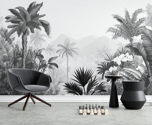 Hallway - Tropical Palm Trees Black And White Wallpaper