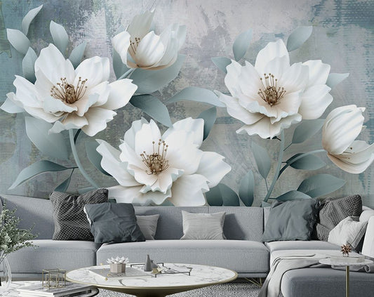 Bedroom - 3D White Big Flower Wallpaper for Living Room and Bedroom Walls