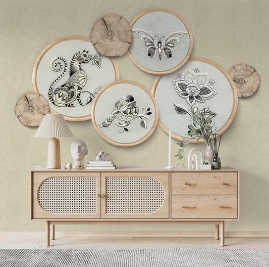 3D Creative Wood Circle,Flower,Birds And Animal  Wallpaper