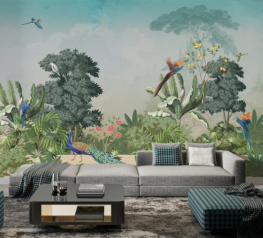 Living Room - Tropical Jungle with Peacock & Birds Wall Mural Wallpaper, Custom Size