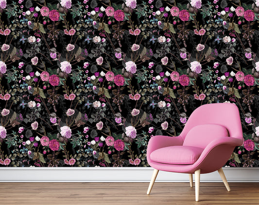 Dark Pink Floral Wallpaper With Black Background