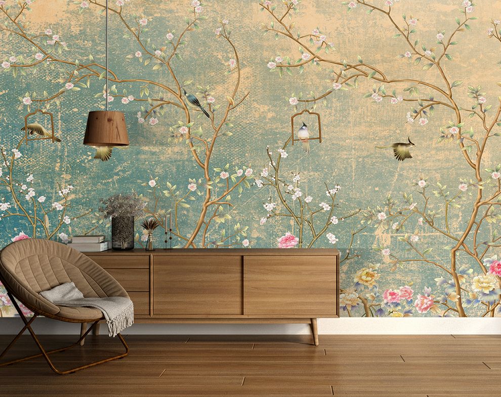 Chinoiserie Floral Wallpaper for Living Room | Vintage botanical garde ...