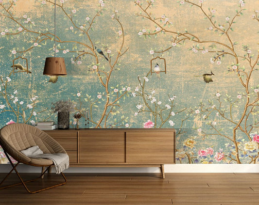 Living Room - Chinoiserie Floral Garden – Vintage Botanical Wall Mural, Custom Size