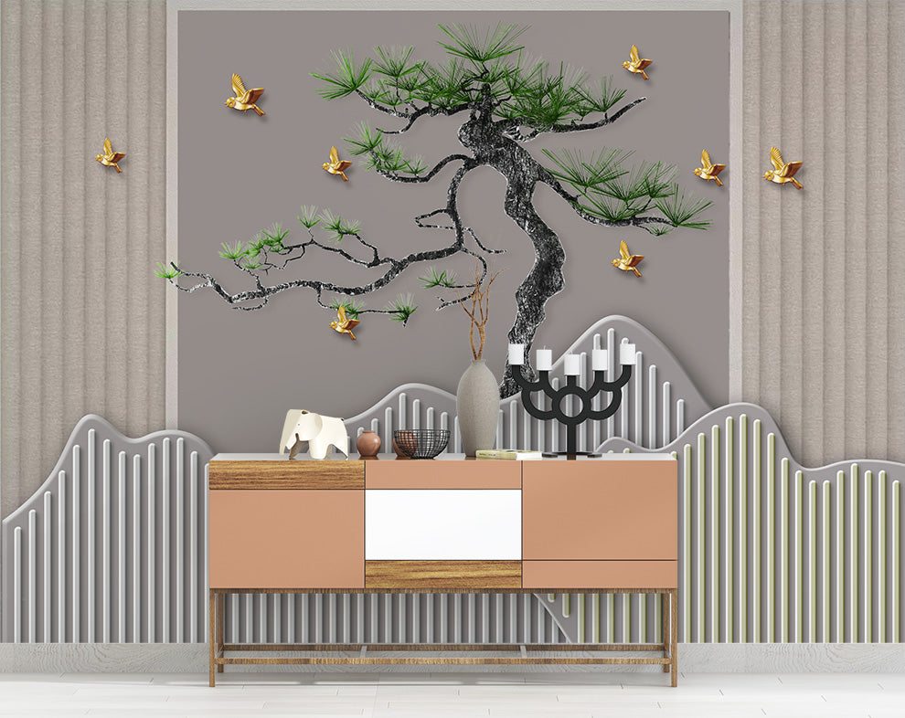 Curved Pine Tree And Golden Birds Mural Wallpaper