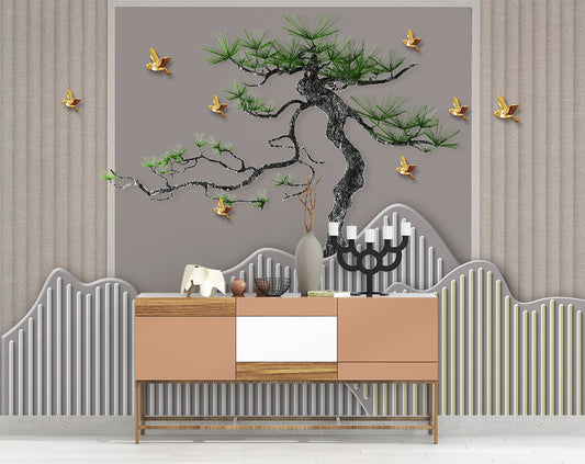 Living Room - Curved Pine Tree And Golden Birds Mural Wallpaper
