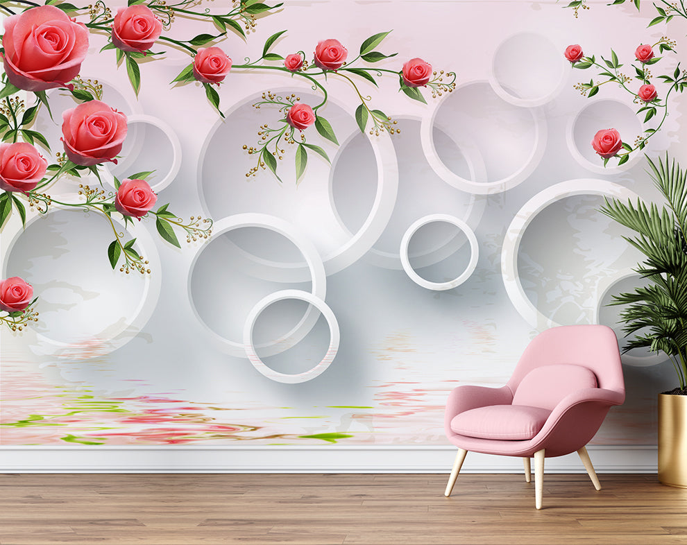 Rose Flowers On 3D White Circle Background Wallpaper