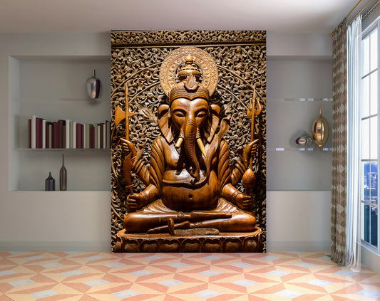 Pooja Room - 3D gods Mural wallpape, Ganesha Wood Design Wallpaper