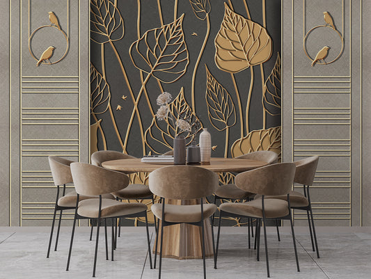 Dining Room - Modern Simple Golden Leaf Wallpaper