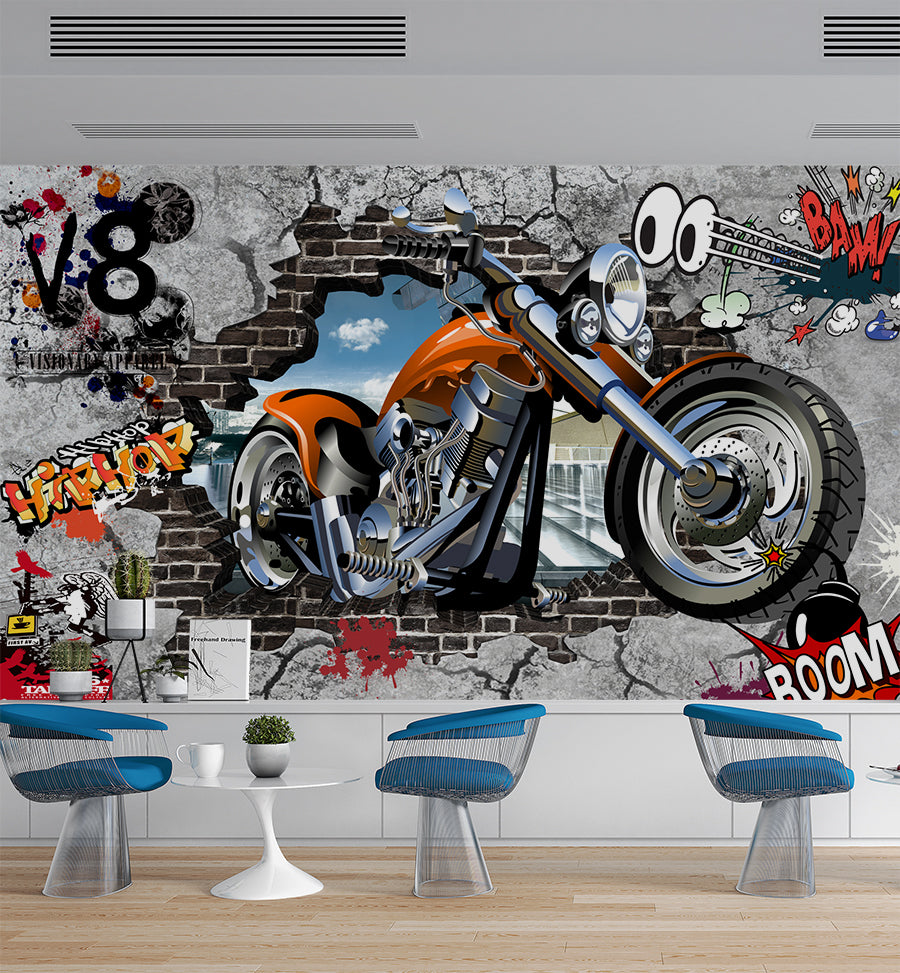 Broken Wall Motorcycle Street Art Wallpaper Bar & Restaurant Wallpaper