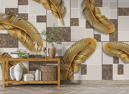 Living Room - Golden Color Birds Feather Art Wallpaper