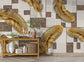 Living Room - Golden Color Birds Feather Art Wallpaper