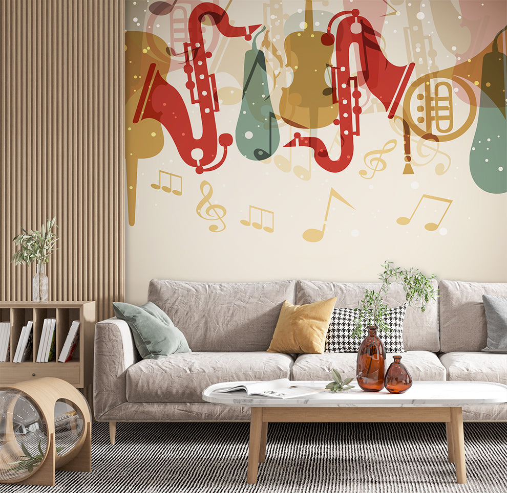 Living Room - Colorful Jazz Instruments Musical With Notes Wallpaper