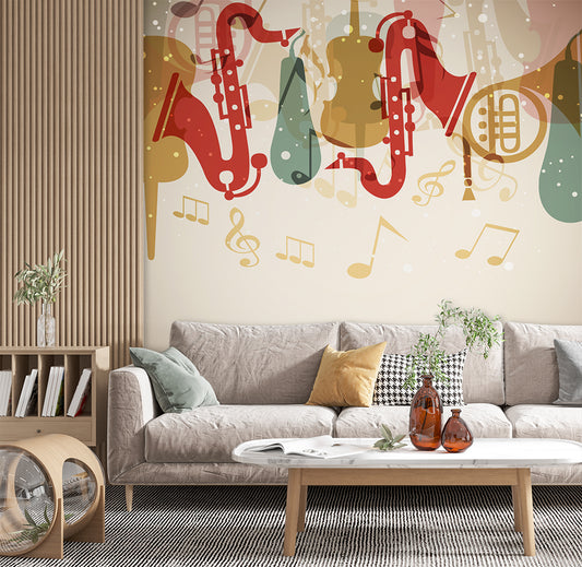 Living Room - Colorful Jazz Instruments Musical With Notes Wallpaper