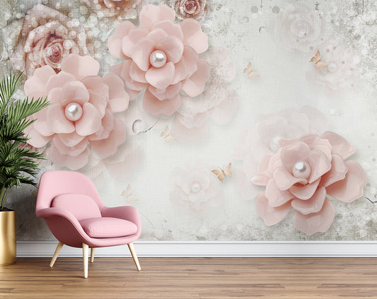 European Style Beautiful Elegant Pearl 3D Flower Wallpaper