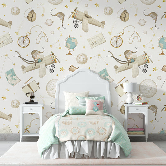Children's bedroom with airplane and globe patterned wallpaper.