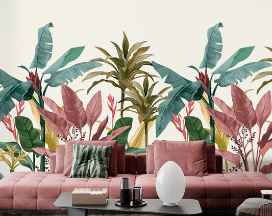 Colorful Watercolor Banana Leaves Tropical Wallpaper